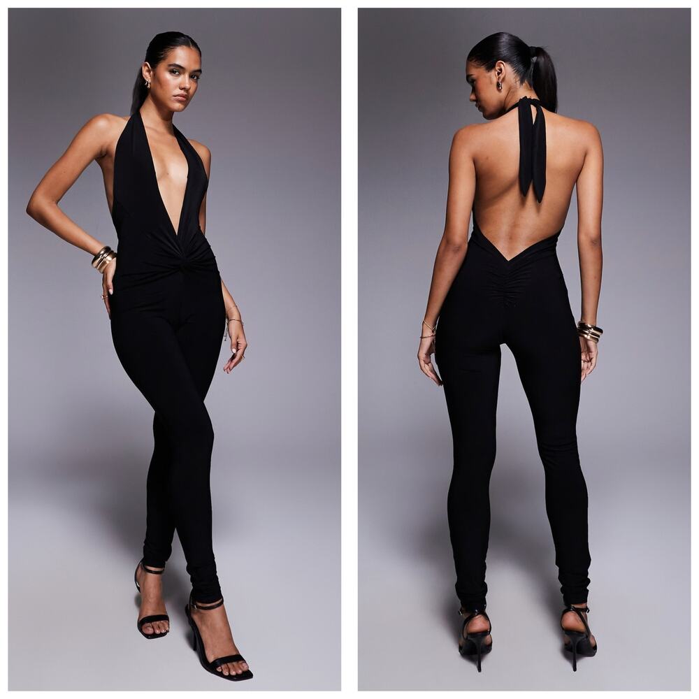 NWT I.AM.GIA Natalia Soft Slinky Deep Plunge Twist Detail Catsuit Small Black